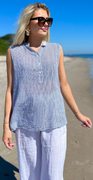 Jessica bluse med striber knapper og korte ærmer i bomuld og hør hvid/navy LikeLondon
