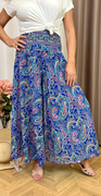 Gaia brede silke bukser med paisley print royalblue/pink LikeLondon