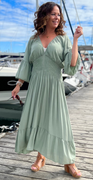 Kimberly kjole med v-hals og smock khaki LikeLondon