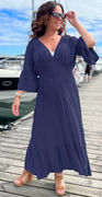 Kimberly kjole med v-hals og smock navy LikeLondon