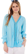 Dora blondebluse med flæse aqua Likelondon