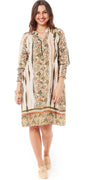 Sia kort kjole med print og smock detalje creme/grøn Likelondon