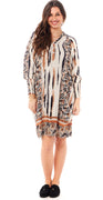 Sia kort kjole med print og smock detalje creme/sort Likelondon