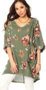 Khaki hør tunika med blomsterprint og lomme